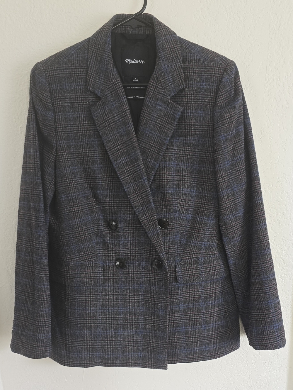 Madewell Gray Plaid Double-Breasted Blazer with Blue Windowpane